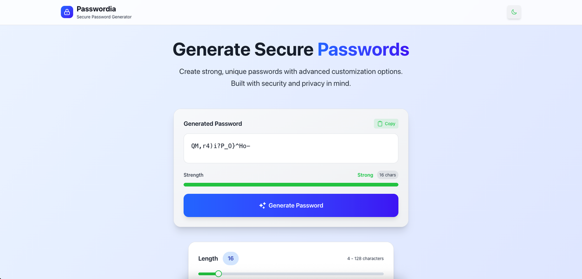 Passwordia password generator website screenshot